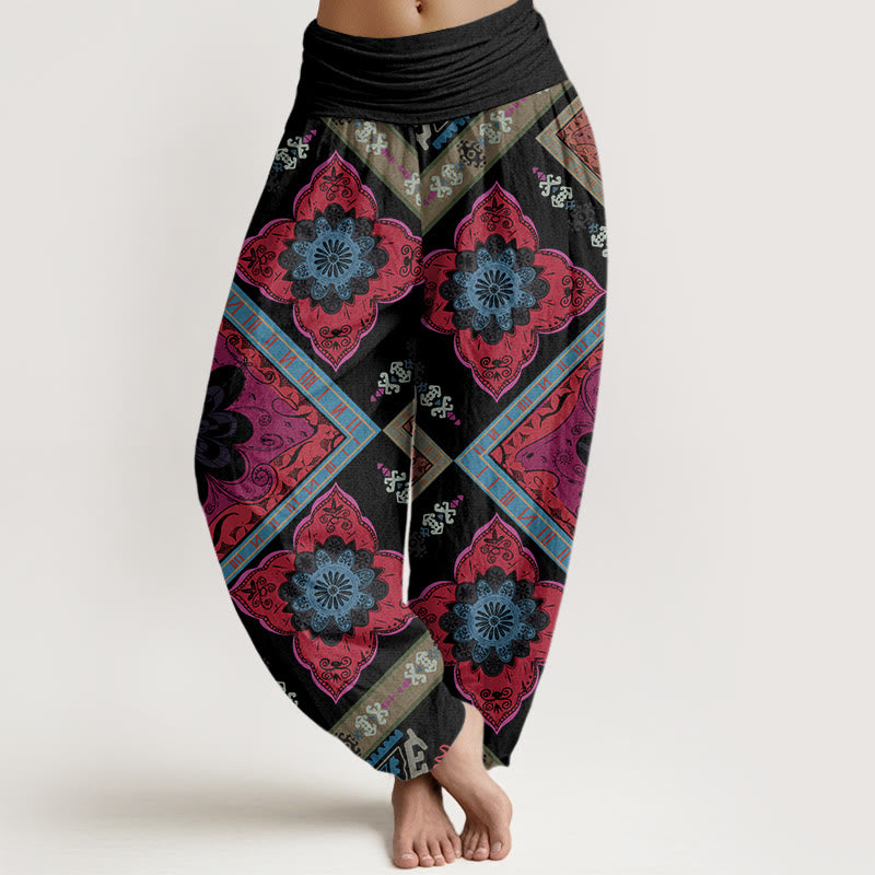 Buddha Stones Rautenförmiges geometrisches Blumendesign Damen Haremshose mit elastischer Taille - Schwarz - US22， UK/AU26，EU54 (6XL) - image 8