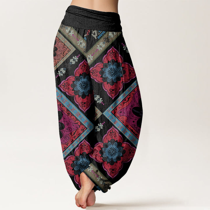 Buddha Stones Rautenförmiges geometrisches Blumendesign Damen Haremshose mit elastischer Taille - image 9