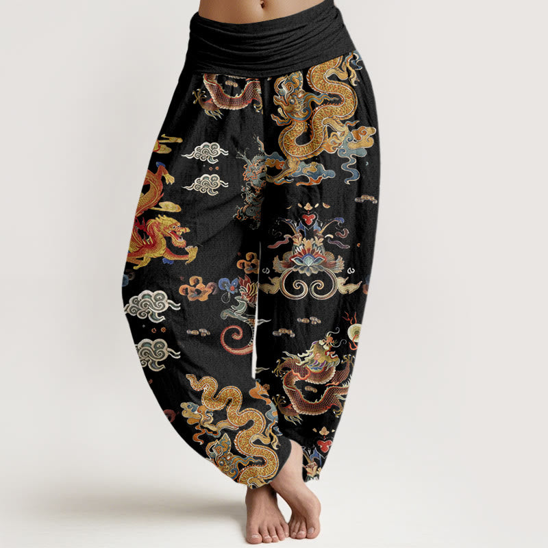 Haremshose für Damen mit elastischer Taille und Buddha Stones, goldenen Drachen und glückverheißenden Wolken - Schwarz - US22， UK/AU26，EU54 (6XL) - image 1