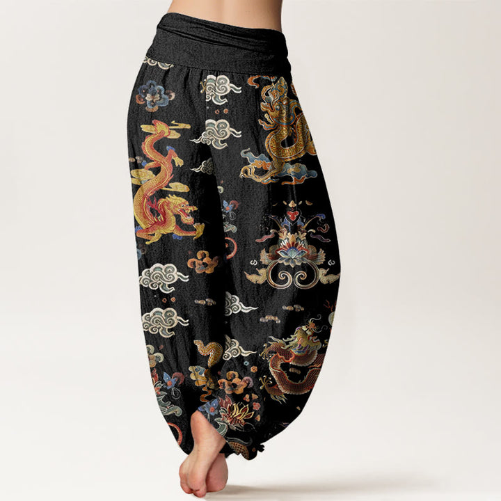 Haremshose für Damen mit elastischer Taille und Buddha Stones, goldenen Drachen und glückverheißenden Wolken - image 3