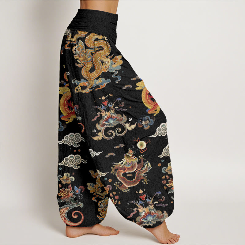 Haremshose für Damen mit Buddha Stones , goldenen Drachen und Glückswolken-Design, elastischem Bund - image 1
