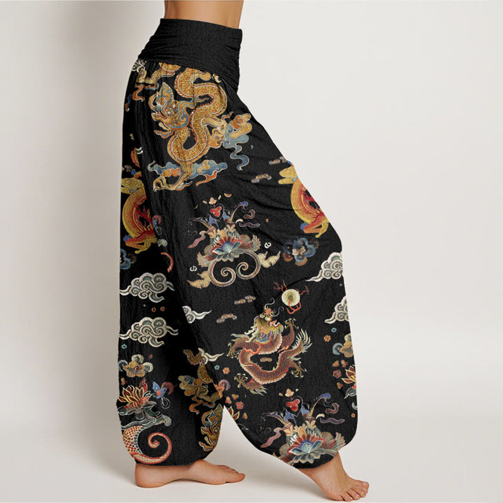 Haremshose für Damen mit Buddha Stones , goldenen Drachen und Glückswolken-Design, elastischem Bund - image 1