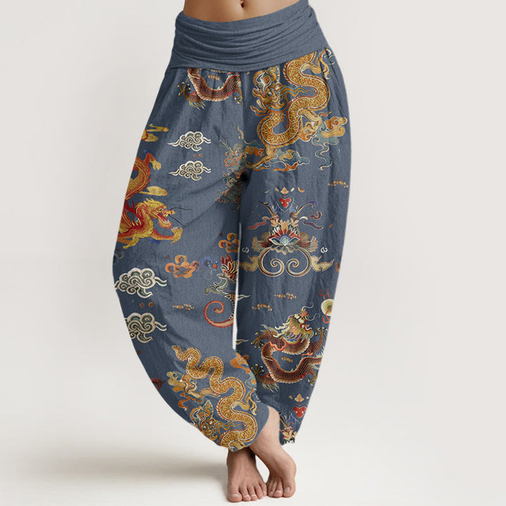 Haremshose für Damen mit elastischer Taille und Buddha Stones, goldenen Drachen und glückverheißenden Wolken - Stahlblau - US22， UK/AU26，EU54 (6XL) - image 5