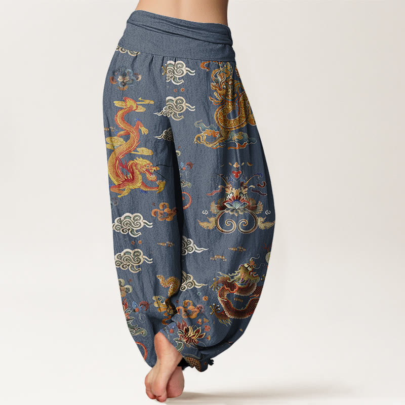 Haremshose für Damen mit Buddha Stones , goldenen Drachen und Glückswolken-Design, elastischem Bund - image 5