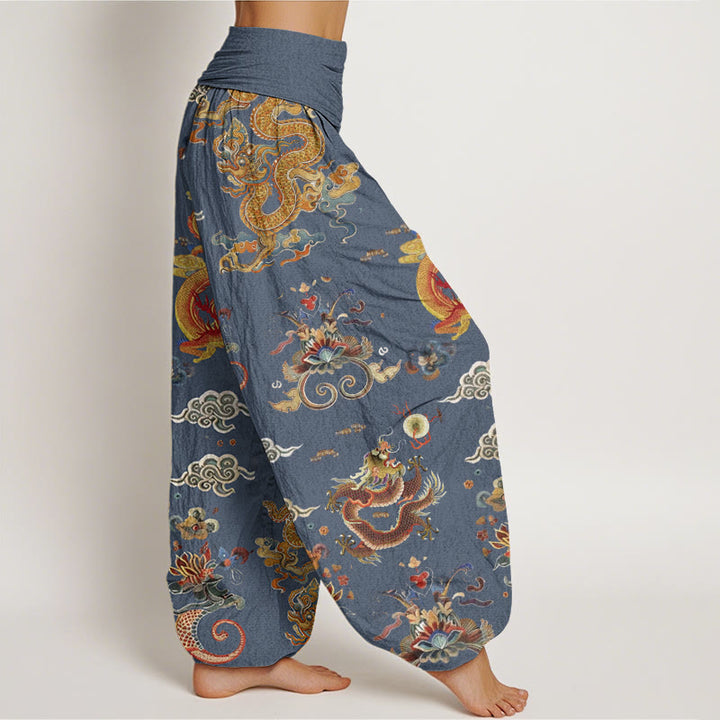 Haremshose für Damen mit elastischer Taille und Buddha Stones, goldenen Drachen und glückverheißenden Wolken - image 7