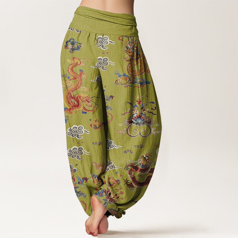 Haremshose für Damen mit elastischer Taille und Buddha Stones, goldenen Drachen und glückverheißenden Wolken - image 9