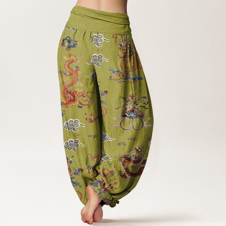 Haremshose für Damen mit elastischer Taille und Buddha Stones, goldenen Drachen und glückverheißenden Wolken - image 9