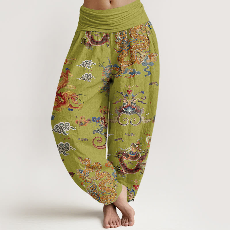Haremshose für Damen mit elastischer Taille und Buddha Stones, goldenen Drachen und glückverheißenden Wolken - GelbGrün - US22， UK/AU26，EU54 (6XL) - image 8