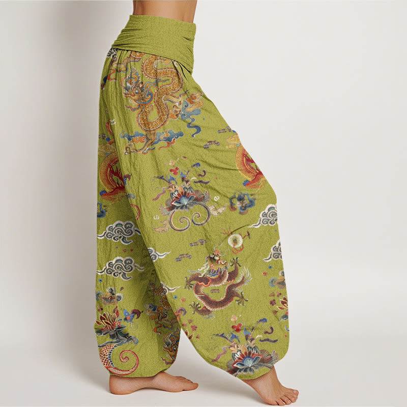 Haremshose für Damen mit elastischer Taille und Buddha Stones, goldenen Drachen und glückverheißenden Wolken - image 10