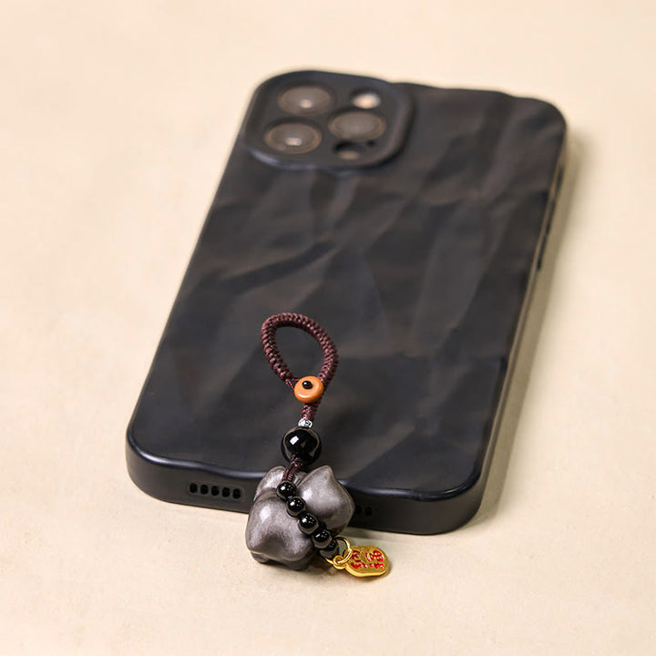 Buddha Stones, Silberglanz-Obsidian, Schwarzer Obsidian, Goldglanz-Obsidian, süße Katze, Fu-Charakter, Schutz, Schlüsselanhänger, Telefon, hängende Dekoration - image 5