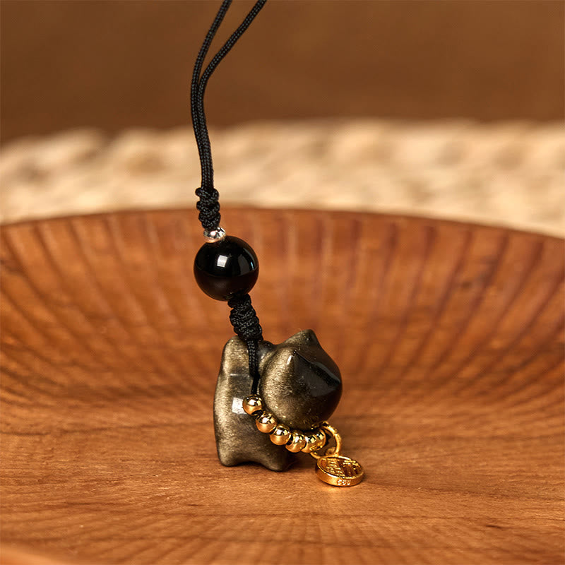 Buddha Stones, Silberglanz-Obsidian, Schwarzer Obsidian, Goldglanz-Obsidian, süße Katze, Fu-Charakter, Schutz, Schlüsselanhänger, Telefon, hängende Dekoration - Goldglänzende Obsidian-Telefon-Hängedekoration - image 20