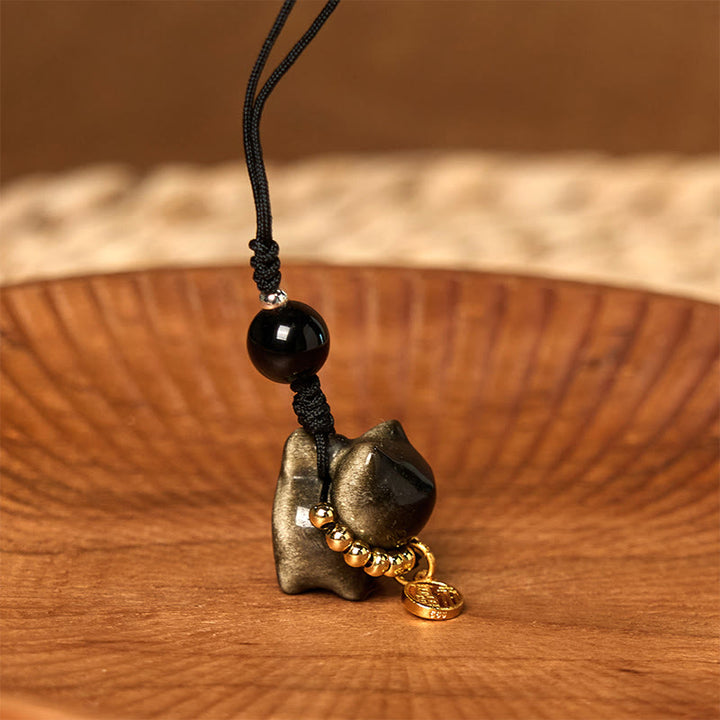 Buddha Stones, Silberglanz-Obsidian, Schwarzer Obsidian, Goldglanz-Obsidian, süße Katze, Fu-Charakter, Schutz, Schlüsselanhänger, Telefon, hängende Dekoration - Goldglänzende Obsidian-Telefon-Hängedekoration - image 20