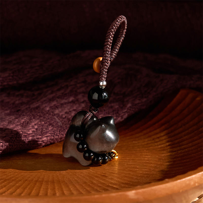 Buddha Stones, Silberglanz-Obsidian, Schwarzer Obsidian, Goldglanz-Obsidian, süße Katze, Fu-Charakter, Schutz, Schlüsselanhänger, Telefon, hängende Dekoration - image 9