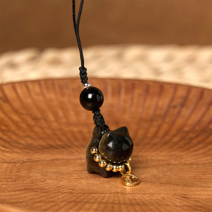 Buddha Stones, Silberglanz-Obsidian, Schwarzer Obsidian, Goldglanz-Obsidian, süße Katze, Fu-Charakter, Schutz, Schlüsselanhänger, Telefon, hängende Dekoration - image 14