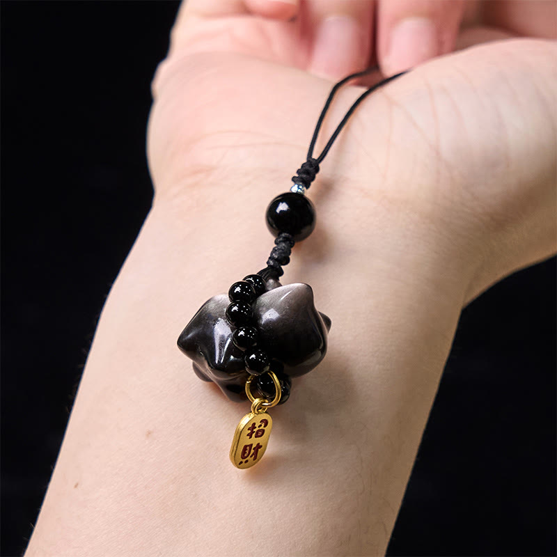 Buddha Stones, Silberglanz-Obsidian, Schwarzer Obsidian, Goldglanz-Obsidian, süße Katze, Fu-Charakter, Schutz, Schlüsselanhänger, Telefon, hängende Dekoration - image 16