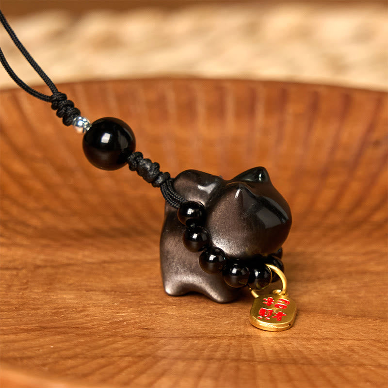 Buddha Stones, Silberglanz-Obsidian, Schwarzer Obsidian, Goldglanz-Obsidian, süße Katze, Fu-Charakter, Schutz, Schlüsselanhänger, Telefon, hängende Dekoration - image 15