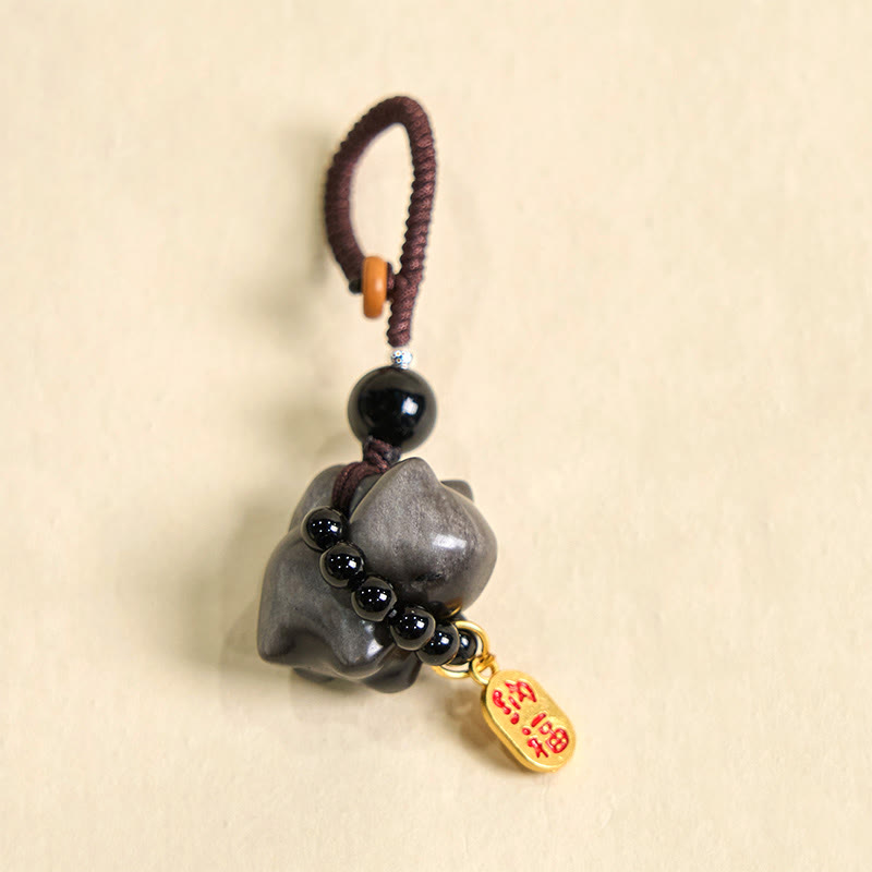 Buddha Stones, Silberglanz-Obsidian, Schwarzer Obsidian, Goldglanz-Obsidian, süße Katze, Fu-Charakter, Schutz, Schlüsselanhänger, Telefon, hängende Dekoration - image 2