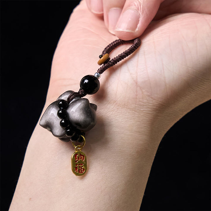 Buddha Stones, Silberglanz-Obsidian, Schwarzer Obsidian, Goldglanz-Obsidian, süße Katze, Fu-Charakter, Schutz, Schlüsselanhänger, Telefon, hängende Dekoration - image 4