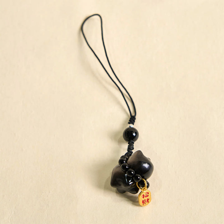 Buddha Stones, Silberglanz-Obsidian, Schwarzer Obsidian, Goldglanz-Obsidian, süße Katze, Fu-Charakter, Schutz, Schlüsselanhänger, Telefon, hängende Dekoration - image 13