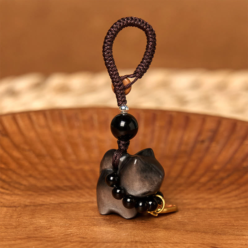 Buddha Stones, Silberglanz-Obsidian, Schwarzer Obsidian, Goldglanz-Obsidian, süße Katze, Fu-Charakter, Schutz, Schlüsselanhänger, Telefon, hängende Dekoration - image 3
