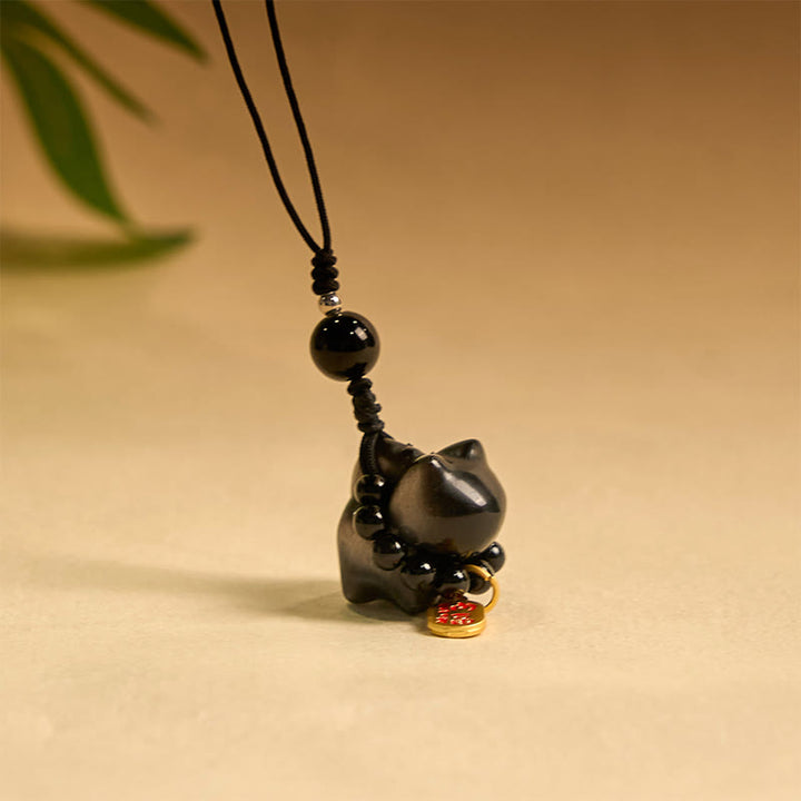 Buddha Stones, Silberglanz-Obsidian, Schwarzer Obsidian, Goldglanz-Obsidian, süße Katze, Fu-Charakter, Schutz, Schlüsselanhänger, Telefon, hängende Dekoration - Silberschimmernde Obsidian-Telefon-Hängedekoration - image 11