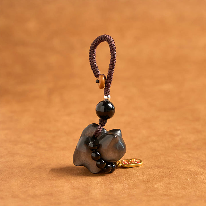 Buddha Stones, Silberglanz-Obsidian, Schwarzer Obsidian, Goldglanz-Obsidian, süße Katze, Fu-Charakter, Schutz, Schlüsselanhänger, Telefon, hängende Dekoration - image 8