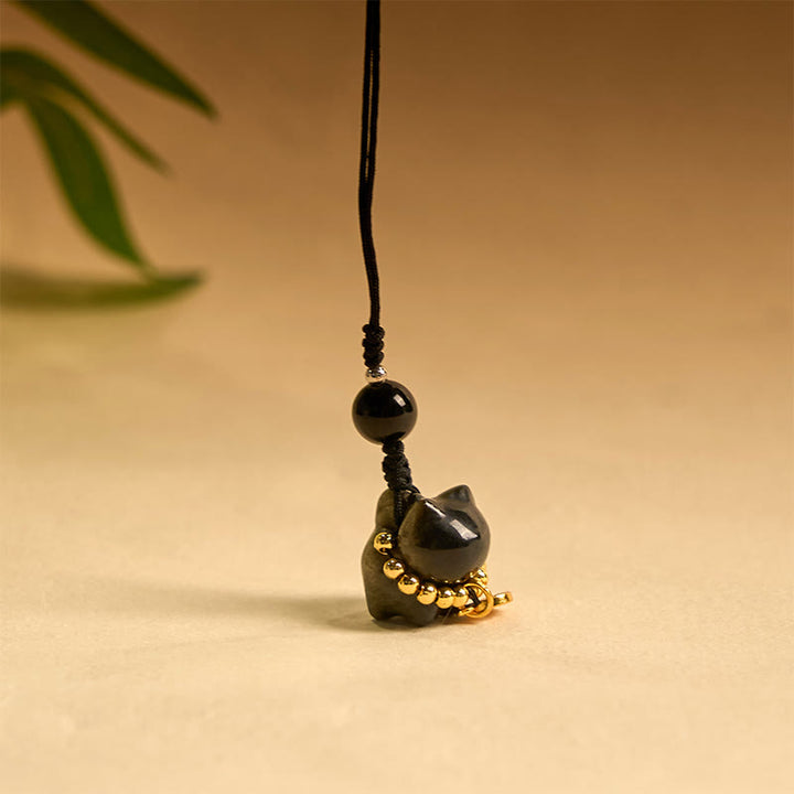 Buddha Stones, Silberglanz-Obsidian, Schwarzer Obsidian, Goldglanz-Obsidian, süße Katze, Fu-Charakter, Schutz, Schlüsselanhänger, Telefon, hängende Dekoration - image 19