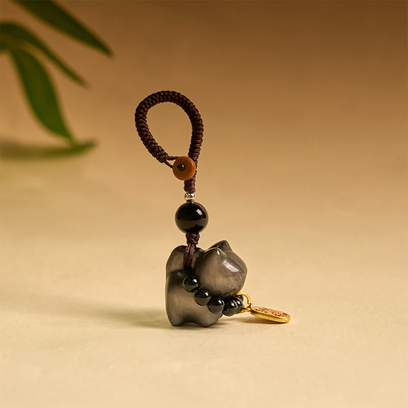 Buddha Stones, Silberglanz-Obsidian, Schwarzer Obsidian, Goldglanz-Obsidian, süße Katze, Fu-Charakter, Schutz, Schlüsselanhänger, Telefon, hängende Dekoration - Schlüsselanhänger aus silberfarbenem Obsidian - image 1