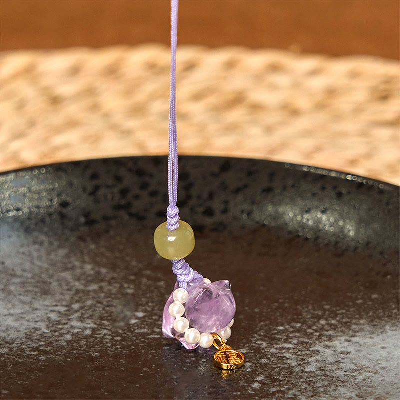 Buddha Stones, rosa Kristall, Amethyst, Citrin, Perle, Fu-Charakter, Glückskätzchen, Wärme, Telefon, hängende Dekoration