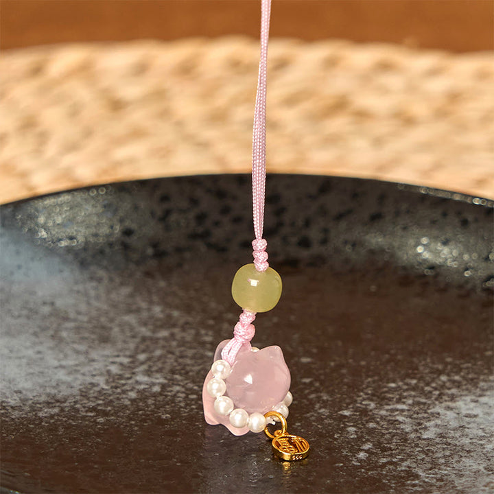 Buddha Stones, rosa Kristall, Amethyst, Citrin, Perle, Fu-Charakter, Glückskätzchen, Wärme, Telefon, hängende Dekoration