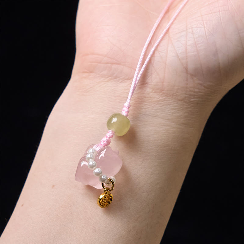 Buddha Stones, rosa Kristall, Amethyst, Citrin, Perle, Fu-Charakter, Glückskätzchen, Wärme, Telefon, hängende Dekoration