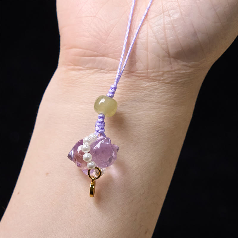 Buddha Stones, rosa Kristall, Amethyst, Citrin, Perle, Fu-Charakter, Glückskätzchen, Wärme, Telefon, hängende Dekoration