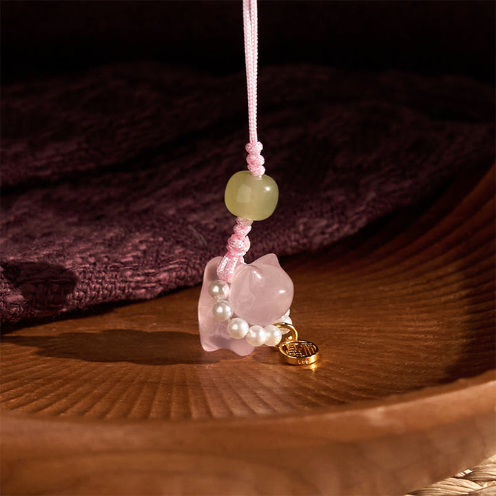 Buddha Stones, rosa Kristall, Amethyst, Citrin, Perle, Fu-Charakter, Glückskätzchen, Wärme, Telefon, hängende Dekoration