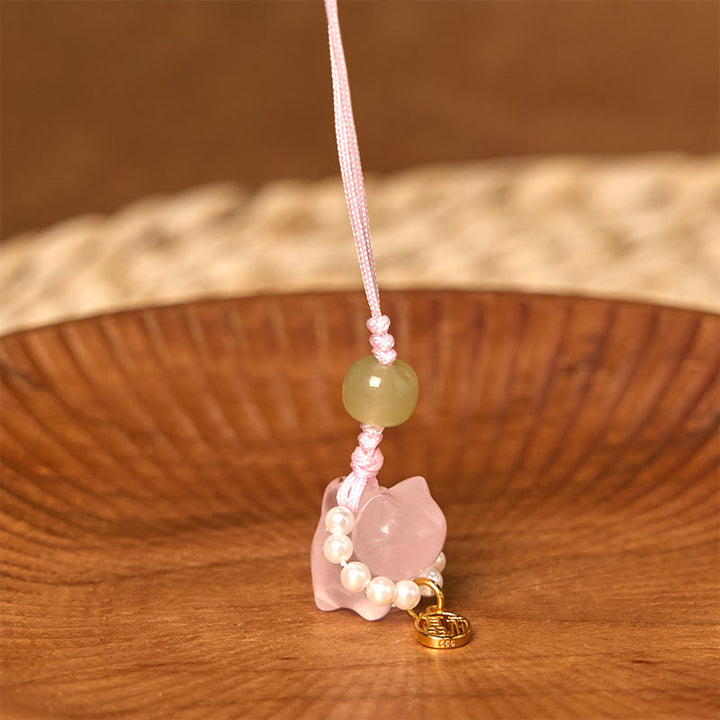 Buddha Stones, rosa Kristall, Amethyst, Citrin, Perle, Fu-Charakter, Glückskätzchen, Wärme, Telefon, hängende Dekoration
