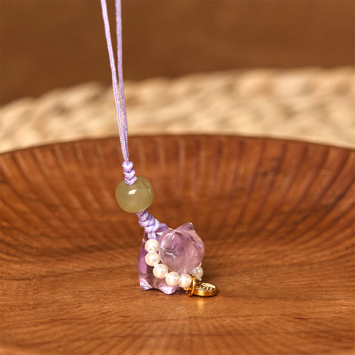 Buddha Stones, rosa Kristall, Amethyst, Citrin, Perle, Fu-Charakter, Glückskätzchen, Wärme, Telefon, hängende Dekoration