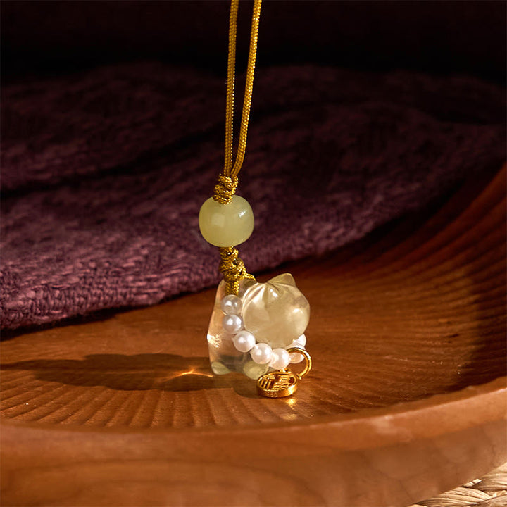 Buddha Stones, rosa Kristall, Amethyst, Citrin, Perle, Fu-Charakter, Glückskätzchen, Wärme, Telefon, hängende Dekoration