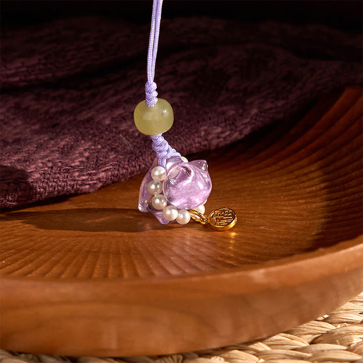 Buddha Stones, rosa Kristall, Amethyst, Citrin, Perle, Fu-Charakter, Glückskätzchen, Wärme, Telefon, hängende Dekoration