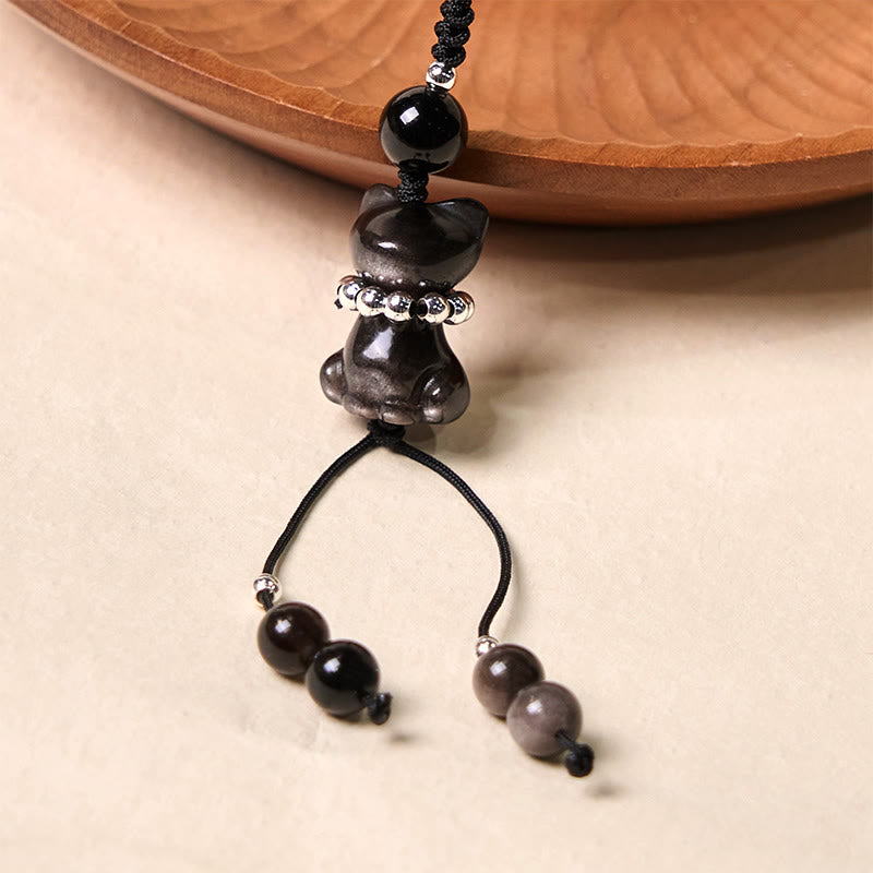 Buddha-Stein, natürlicher Silberglanz, Obsidian, edles Kätzchen, Katze, beruhigende Dekoration zum Aufhängen ans Telefon - Silberglanz-Obsidian - image 1
