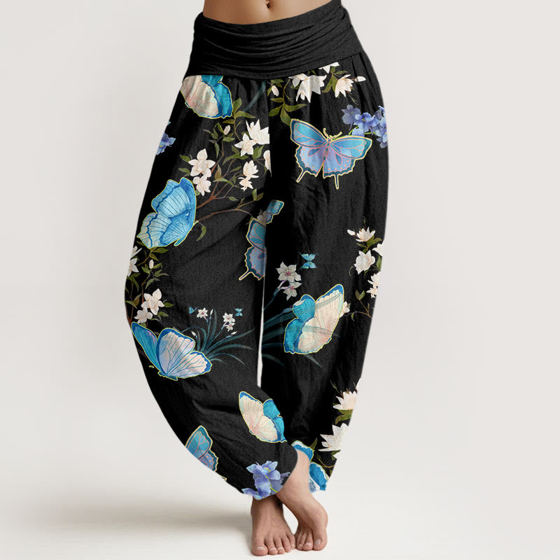 Buddha Stones Lässige Haremshose mit Schmetterlings- und Blumenmuster für Damen mit elastischer Taille - Schwarz - US22， UK/AU26，EU54 (6XL) - image 1