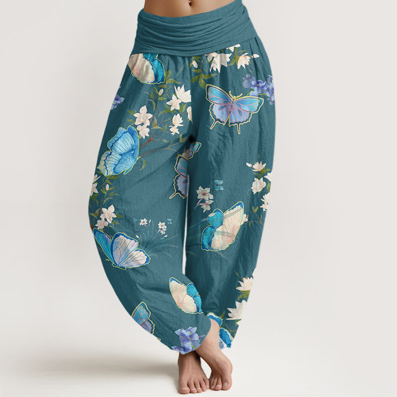 Buddha Stones Lässige Haremshose mit Schmetterlings- und Blumenmuster für Damen mit elastischer Taille - DunkelCyan - US22， UK/AU26，EU54 (6XL) - image 5