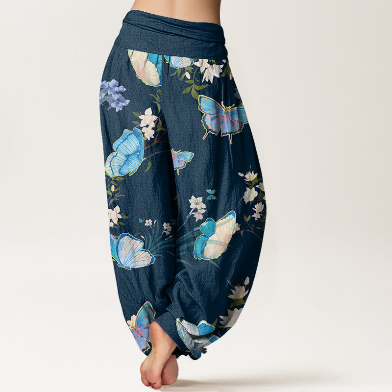Buddha Stones Lässige Haremshose mit Schmetterlings- und Blumenmuster für Damen mit elastischer Taille - image 10