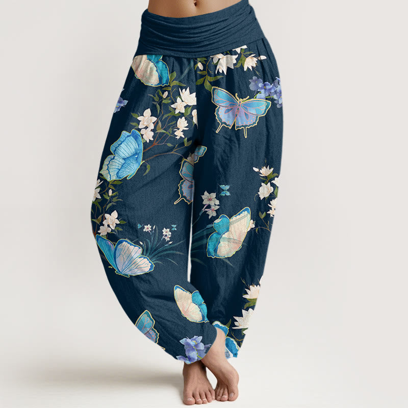Buddha Stones Lässige Haremshose mit Schmetterlings- und Blumenmuster für Damen mit elastischer Taille - Mitternachtsblau - US22， UK/AU26，EU54 (6XL) - image 8