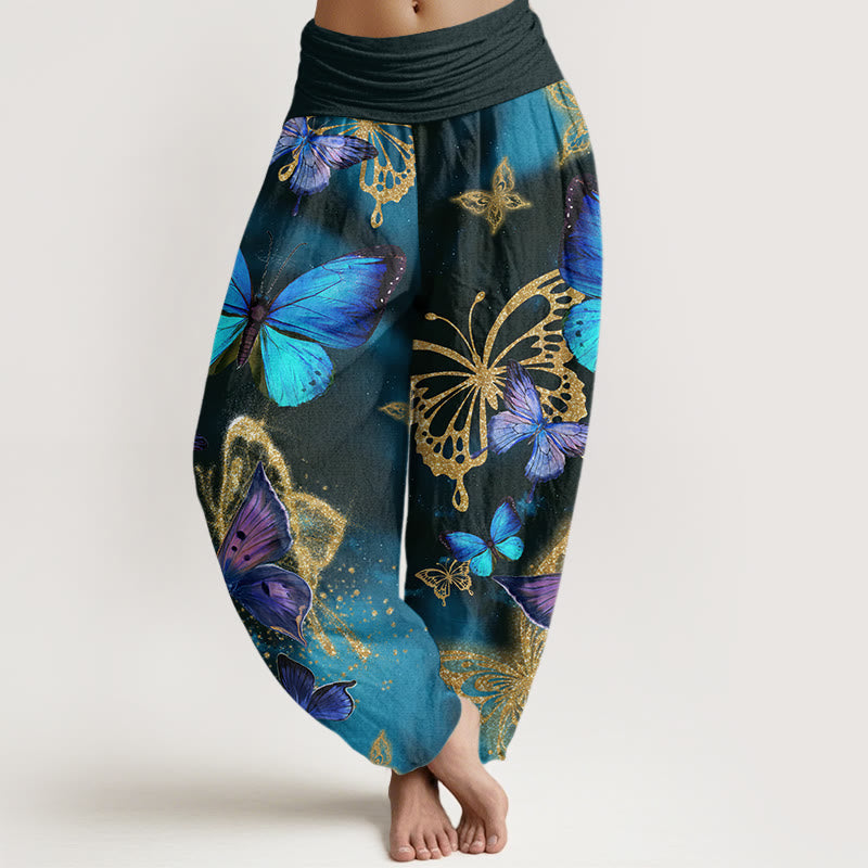 Buddha Stones Lässige Haremshose mit Schmetterlings-Goldmuster für Damen, elastische Taille - DunkelSchiefergrau - US22， UK/AU26，EU54 (6XL) - image 1