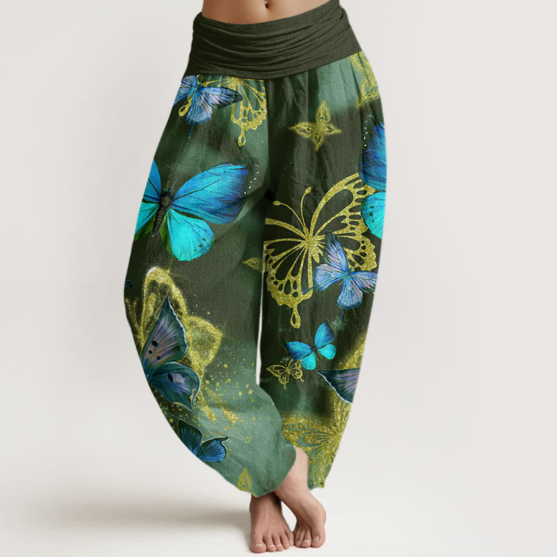 Buddha Stones Lässige Haremshose mit Schmetterlings-Goldmuster für Damen, elastische Taille - Dunkelgrün - US22， UK/AU26，EU54 (6XL) - image 5