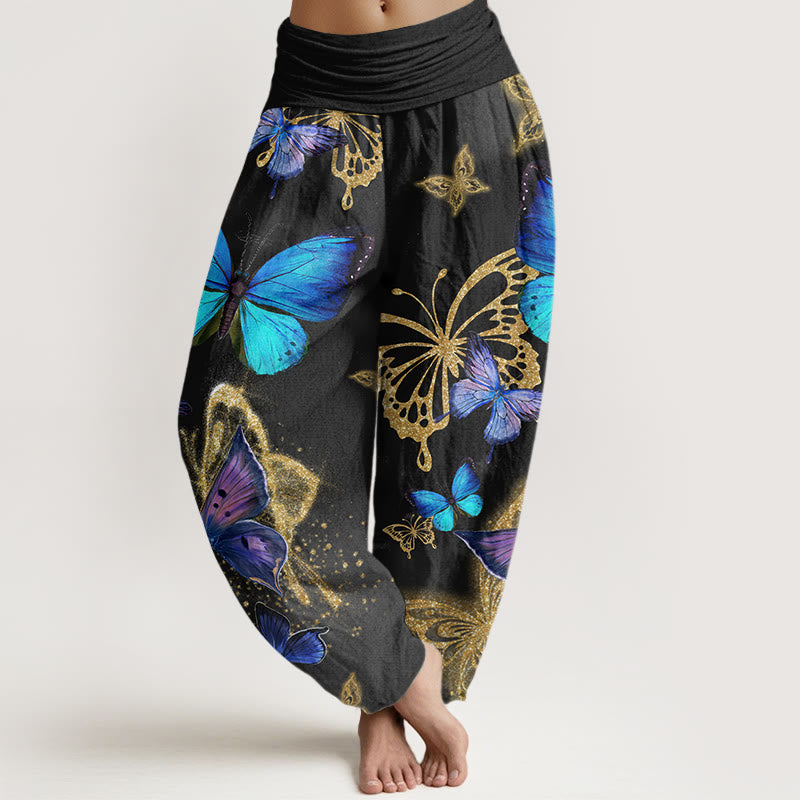Buddha Stones Lässige Haremshose mit Schmetterlings-Goldmuster für Damen, elastische Taille - Schwarz - US22， UK/AU26，EU54 (6XL) - image 8