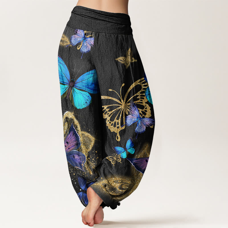 Buddha Stones Lässige Haremshose mit Schmetterlings-Goldmuster für Damen, elastische Taille - image 10