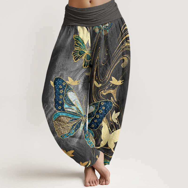 Buddha Stones Lässige Haremshose mit Schmetterlings- und Goldlinienmuster für Damen, elastische Taille - Dunkelgrau - US22， UK/AU26，EU54 (6XL) - image 1