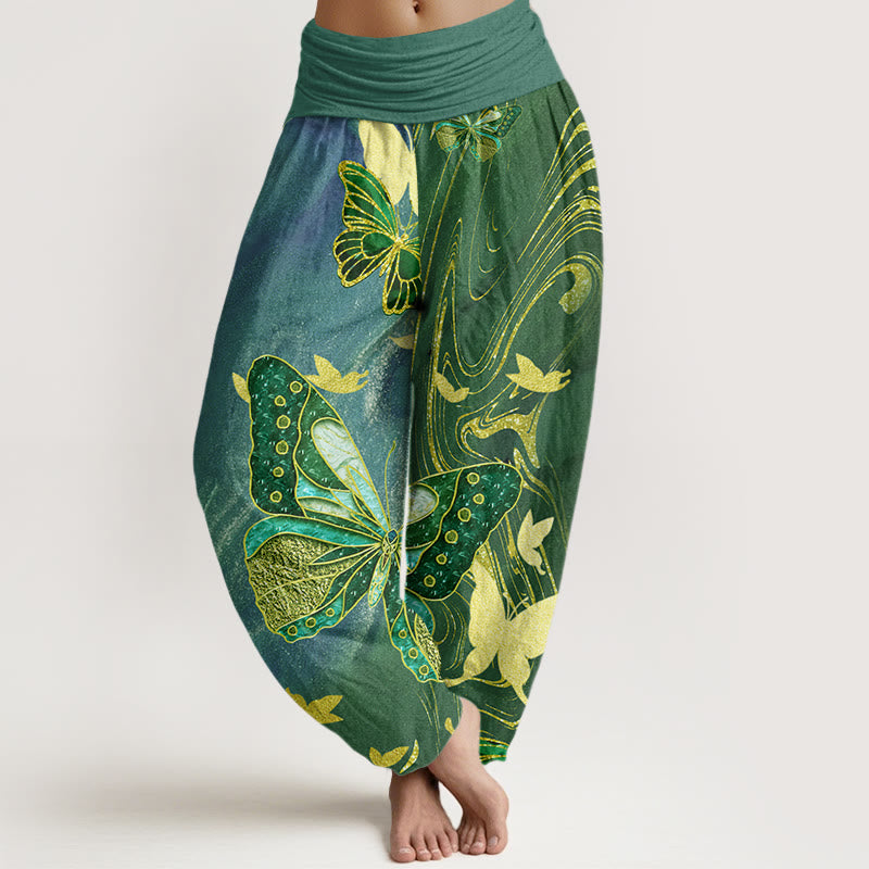 Buddha Stones Lässige Haremshose mit Schmetterlings- und Goldlinienmuster für Damen, elastische Taille - CadetBlue - US22， UK/AU26，EU54 (6XL) - image 5