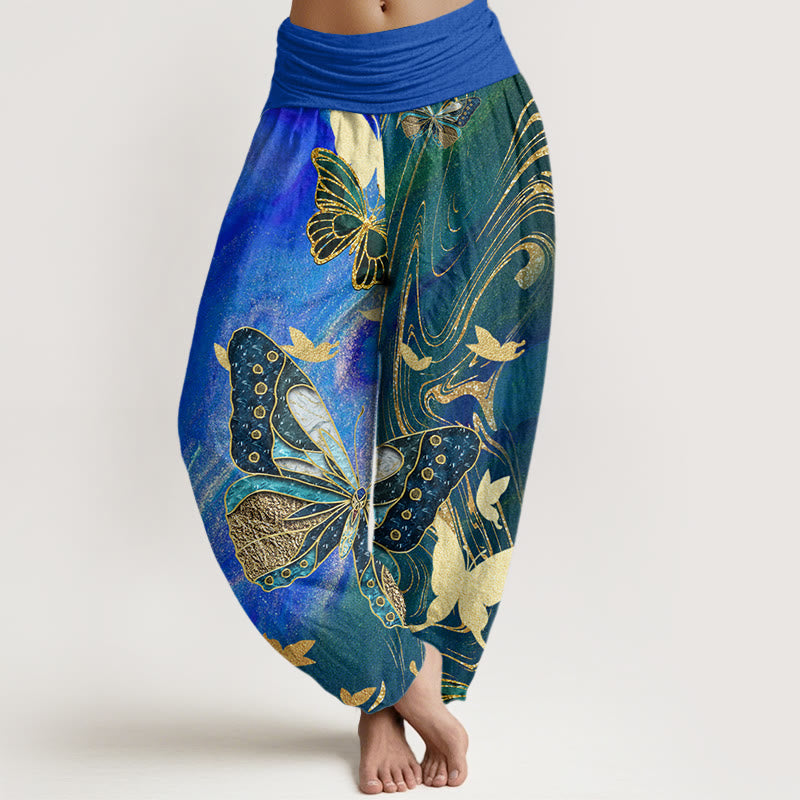 Buddha Stones Lässige Haremshose mit Schmetterlings- und Goldlinienmuster für Damen, elastische Taille - Blau - US22， UK/AU26，EU54 (6XL) - image 8