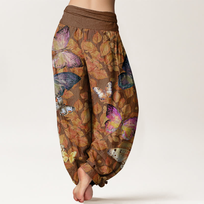 Buddha Stones Lässige Haremshose für Damen mit elastischer Taille und Schmetterlings-/Totblatt-Muster - image 3